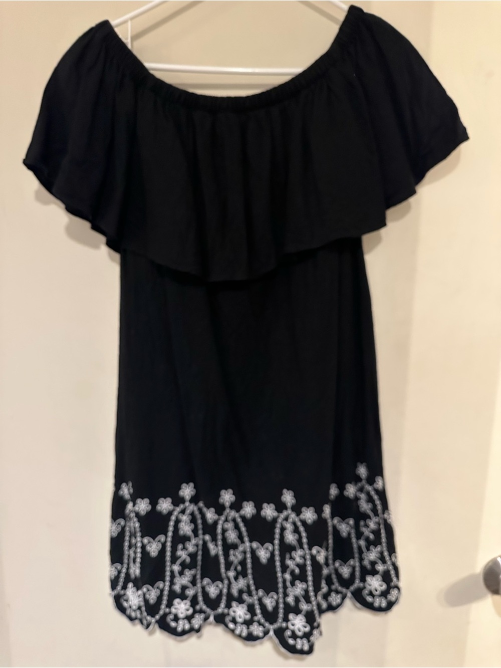 Old Navy Black Off Shoulder Ruffle Shirt with White Embroidered Hem